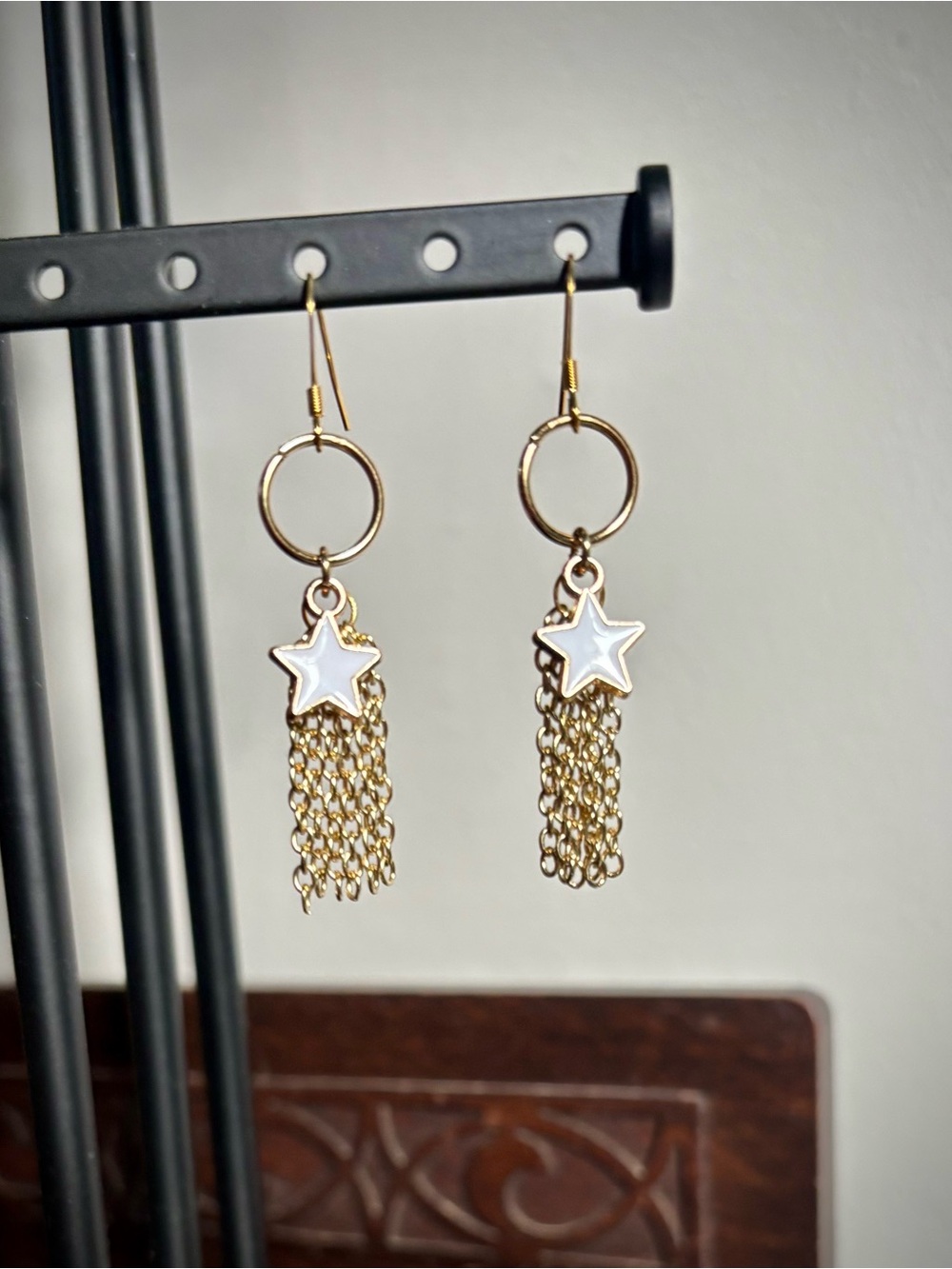 Gold Star Chain Tassel Drop Earrings - White Enamel Star